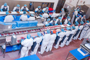 FPPF7C Factory workers on a production line package the meat products for the market