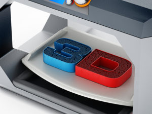 Printed 3D text on 3D printer printing surface . 3D illustration.